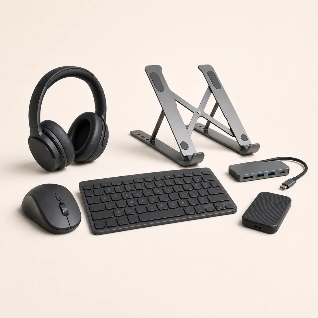 Computer accessories including keyboard, mouse, USB hub and laptop stand